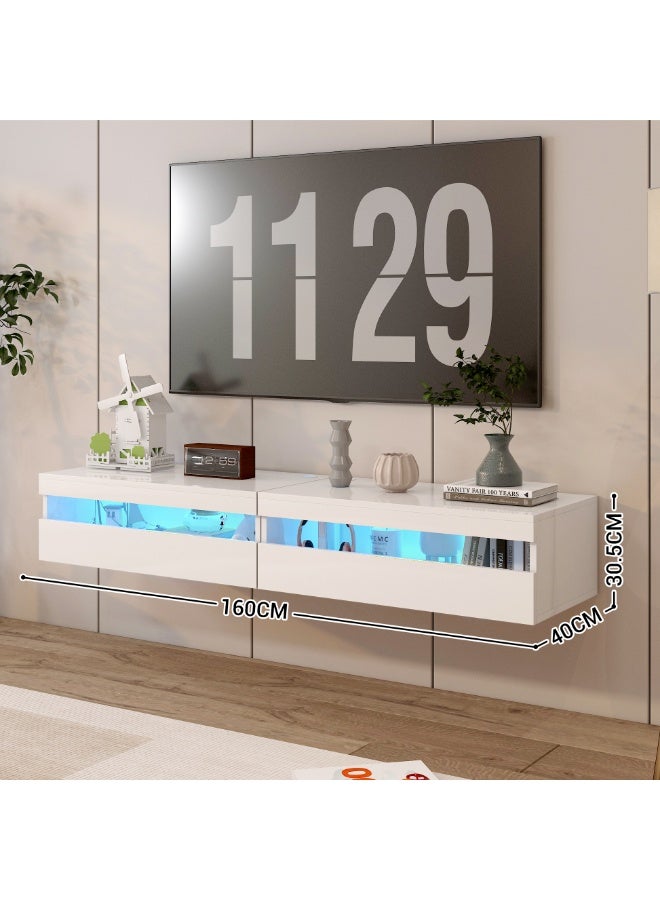 160cm Floating TV Stand with LED Lights, Wall Mounted Entertainment Center with Storage Shelf, Modern White TV Unit for Living Room Bedroom（DSG054） - Image 2